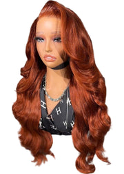 Red wig displayed against a neutral background