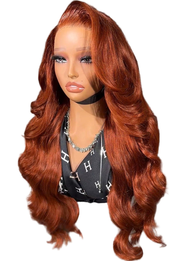 Red wig displayed against a neutral background