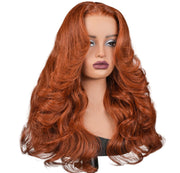 Mannequin head with long red wig on a plain background